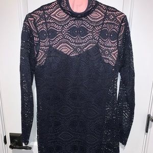 Navy Blue Long Sleeve Lace Cocktail Dress